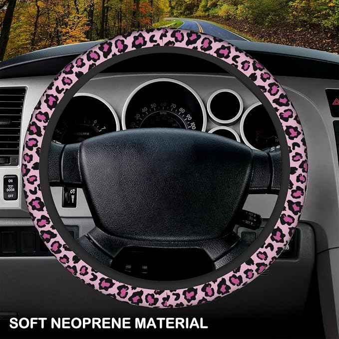 Pink Leopard Print Elastic Steering Wheel Cover, Non-Slip Breathable Neoprene Steering Wheel Covers, Women Pink Car Accessories, Universal 15 Inch Fit Auto, Suvs, Truck