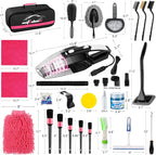 39Pcs Car Cleaning Wash Kit Interior Detailing Cleaner Kit with High Power Handheld Vacuum, Brush Set, Windshield Tool, Duster, Towels, Tire Brush, Complete Car Care Tools, Pink