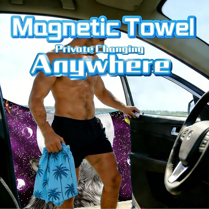 Magnetic Beach Towel | Extra Wide & Enhanced Magnet (75"x40"), Sand-Free Quick-Dry Microfiber for Car Door Changing, Beach, Pool | Includes Storage Bag, Travel & Camping (Moonlit Wolf Howl)