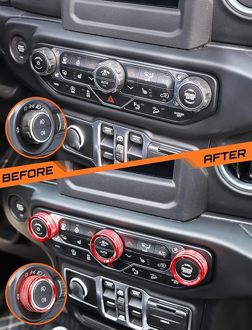 HVAC Climate Control Panel Knob Trim Kit & Light Control Switch Cover, Air Conditioner Knob Aluminum Alloy Ring for 2018-2024 Jeep Wrangler JL JLU & Gladiator JT, Interior Accessories, red
