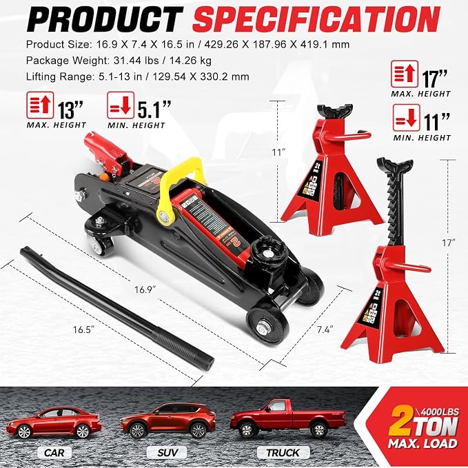 2 Ton Floor Jack with Jack Stands, Heavy Duty Steel Hydraulic Racing Floor Jack with Single Piston Quick Lift Pump, Hydraulic Trolley Service Car Jack, Red/Black