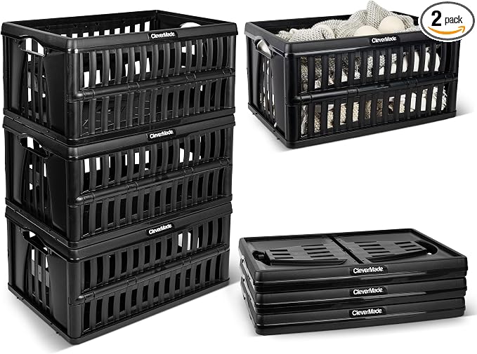 60L Collapsible Utility Crate (66 lb Capacity), Heavy Duty Folding Storage Crate, Stackable Plastic Organizer for Car Trunk, Garage & Groceries, 23 x 15 x 12 in, Obsidian