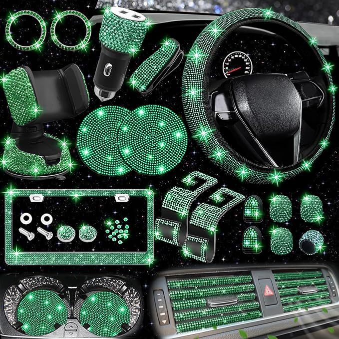 27 PCs Green Bling Car Accessories Set for Women, Steering Wheel Covers Universal Fit 15 Inch, Bling License Plate Frame, Bling Phone Holder, Bling Car Coasters (Green Diamond)