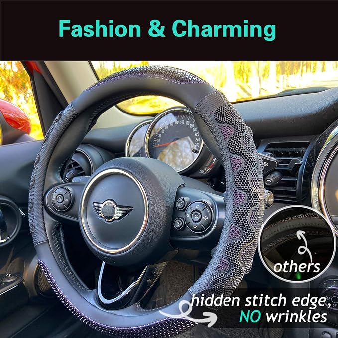 Large Size Steering Wheel Cover Great Grip with 3D Honeycomb Anti-Slip Design, 15.5-15.75 Inch (Purple)