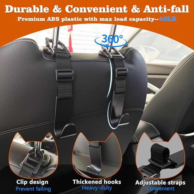 Car Headrest Hooks 4 Pack Adjustable Universal Fit Auto Seat Back Organizer Storage Hanger Purse Bags Holder with Clip Black