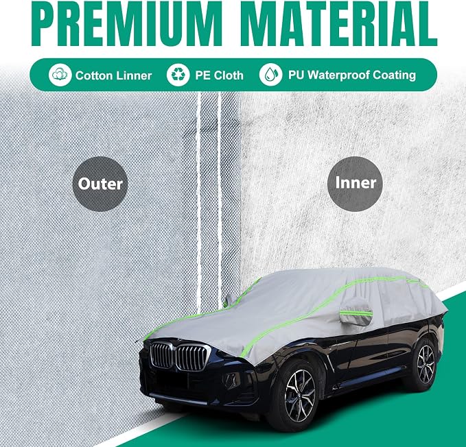 Half Car Cover SUV,Top Cover with Green Reflective Strip, Hail Protector Car Cover with Cotton Liner, Sunroof & Windshield Cover for Ice and Snow, All Weather Car Body Cover for Snow, Sun, Rain, Dust