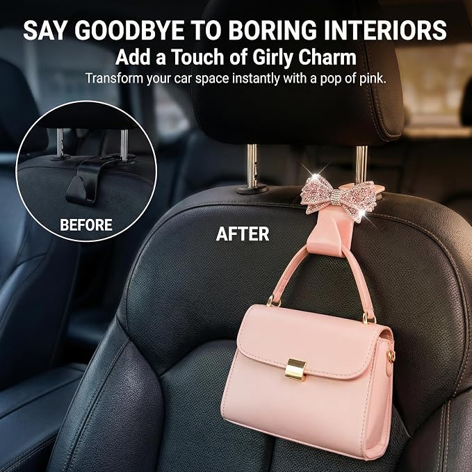 2 PCS Bling Car Seat Headrest Hooks, Crystal Rhinestone Bow Car Purse Hooks, Vehicle Seat Back Storage Hook for Handbag Purse Coat Grocery, Universal for SUV Truck Sedan (Pink)