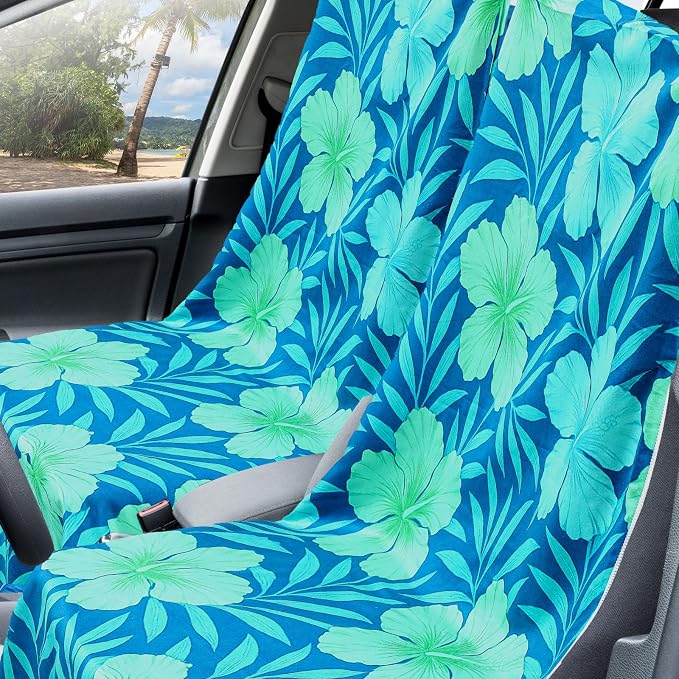 Car Seat Towel Covers with Storage Bag, 63 x 32 Inch Universal Non Slip Waterproof Sweat Protector for Car Truck, Gym Swimming Running, Machine Washable(2 Pack,Floral Hibiscus)