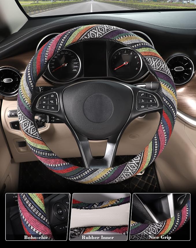 Boho Steering Wheel Cover with Baja Blanket Cloth, Ethnic Style Auto Wheel Cover Made of Coarse Flax, Fits 14 1/2-15 1/4 inches Car Wheel