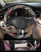 Boho Steering Wheel Cover with Baja Blanket Cloth, Ethnic Style Auto Wheel Cover Made of Coarse Flax, Fits 14 1/2-15 1/4 inches Car Wheel