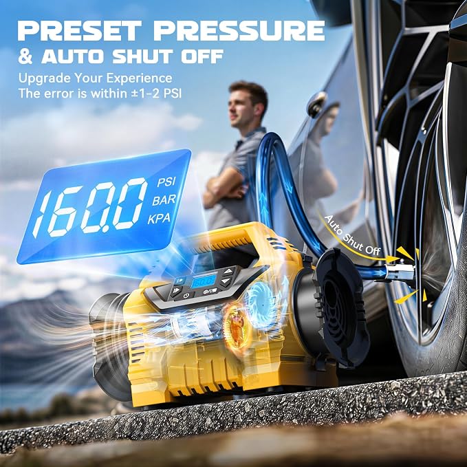 3X Faster Tire Inflator/Deflator Compatible with DeWalt 20V Battery, 160 PSI Cordless Air Compressor Pump with 12V Car Adapter, LCD Digital Gauge for Car, Air Mattresses (Tool Only)
