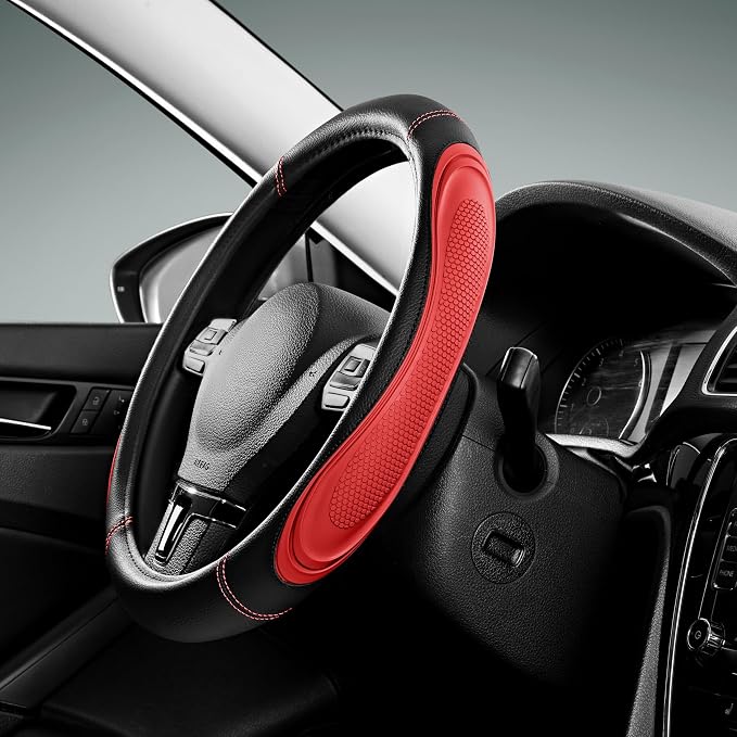 Car Steering Wheel Cover - Microfiber Leather Steering Wheel Wrap Sports 14.5-15 Inch Steering Wheel Cover Non-Slip for Men Women Red Color