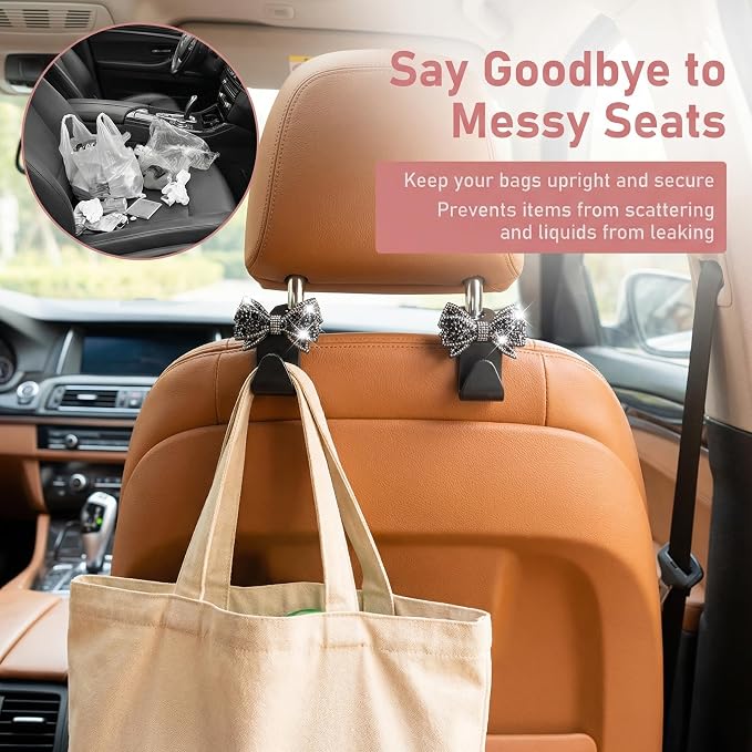 2 PCS Bling Car Seat Headrest Hooks, Crystal Rhinestone Bow Car Purse Hooks, Vehicle Seat Back Storage Hook for Handbag Purse Coat Grocery, Universal for SUV Truck Sedan (Black)