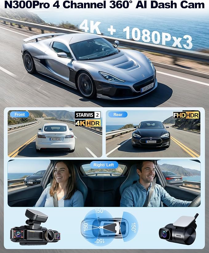 Neideso N300Pro 4K Dash Cam Front and Rear, 4 Channel 360 View Car Camera | Free 128GB Card, STARVIS 2 Sensor, Touch Screen, 5.8G WiFi 20MB/s Download, GPS, AI Fatigue Driving Monitor, 24H Parking Mode