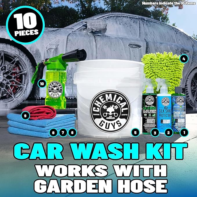 10-Piece Arsenal Builder Car Wash Kit with Foam Gun, Bucket, and 3 - 16 fl oz Car Care Products & Chemicals - Works with Garden Hose for Trucks, SUVs, Motorcycles, and More