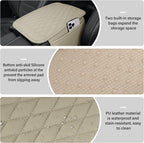 Car Center Console Cover, Leather Car Armrest Cushion with 2 Storage Pockets, Universal Waterproof Cushion Pad, Non-Slip Car Interior Accessories, Fits Most Sedans SUVs Trucks (Light Beige)