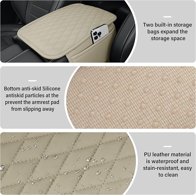 Car Center Console Cover, Leather Car Armrest Cushion with 2 Storage Pockets, Universal Waterproof Cushion Pad, Non-Slip Car Interior Accessories, Fits Most Sedans SUVs Trucks (Light Beige)
