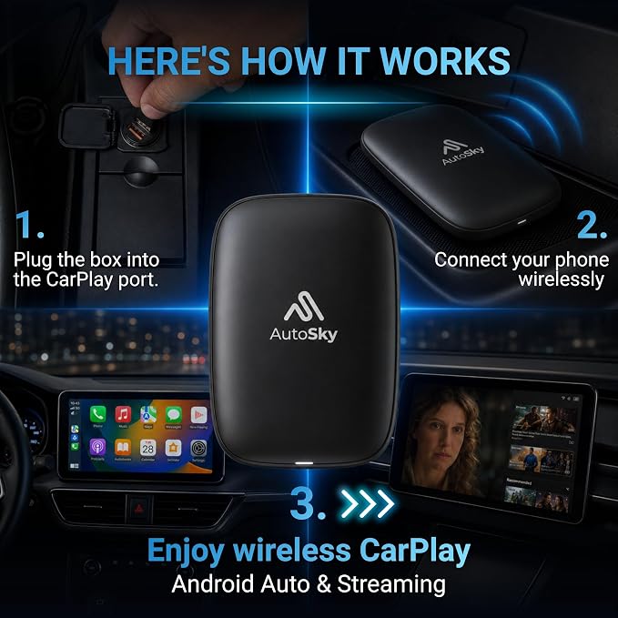 AI Box Lite Air – Wireless Adapter for Factory CarPlay – Stream Personal Media & Online Apps via Phone Hotspot – Fast Plug & Play Performance – Works with Authorized Accounts