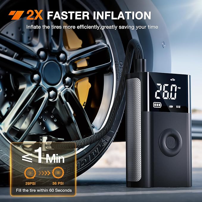 Tire Inflator Portable Air Compressor Battery Rechargeable 12VDC 150PSI Cordless Auto Shutoff w/Digital Pressure Gauge 2X Faster Inflation Pump for Car Motorcycle ATV UTV Bike
