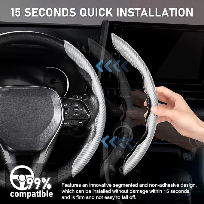 Steering Wheel Cover, Carbon Fiber Steering Wheel Cover Men/Women, Anti-Slip, Heat Resistant, Durable, Universal for 99% Car Interior Accessories (Silver)