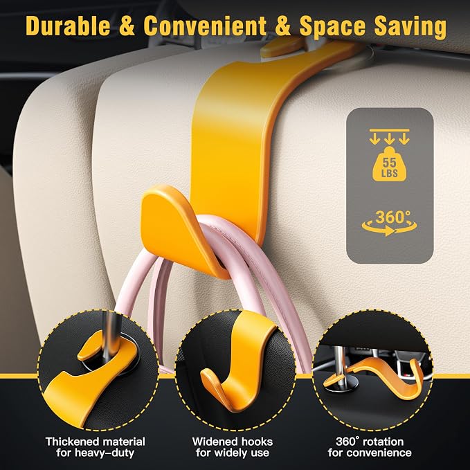 Car Seat Headrest Hook 4 Pack Hanger Universal Vehicle Car Storage Organizer for Handbag Purse Coat S Type Yellow