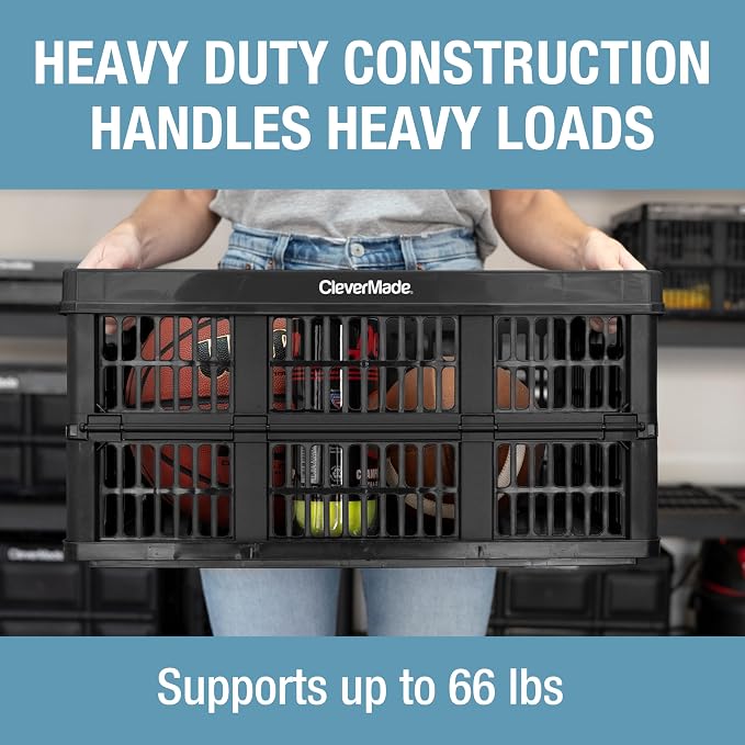 Collapsible Utility Crates, Obsidian, 3 Pack, 45L/11 Gal, 66 lbs Capacity, Stackable Containers, Heavy Duty, Space-Saving Baskets,Polypropylene (PP)