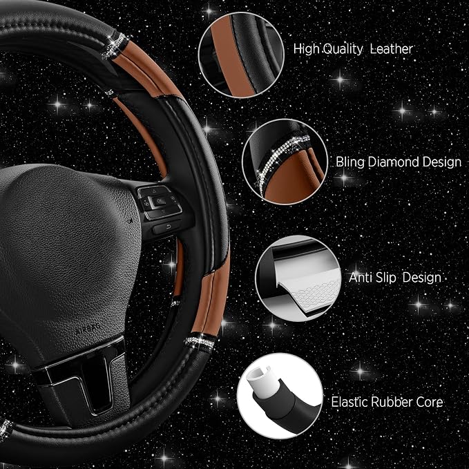 Leather Steering Wheel Cover - Made with PVC Leather Bling Design - Anti-Slip Wheel Cover Universal Fit Most 14 1/2 inches to 15 inches - Brown Color