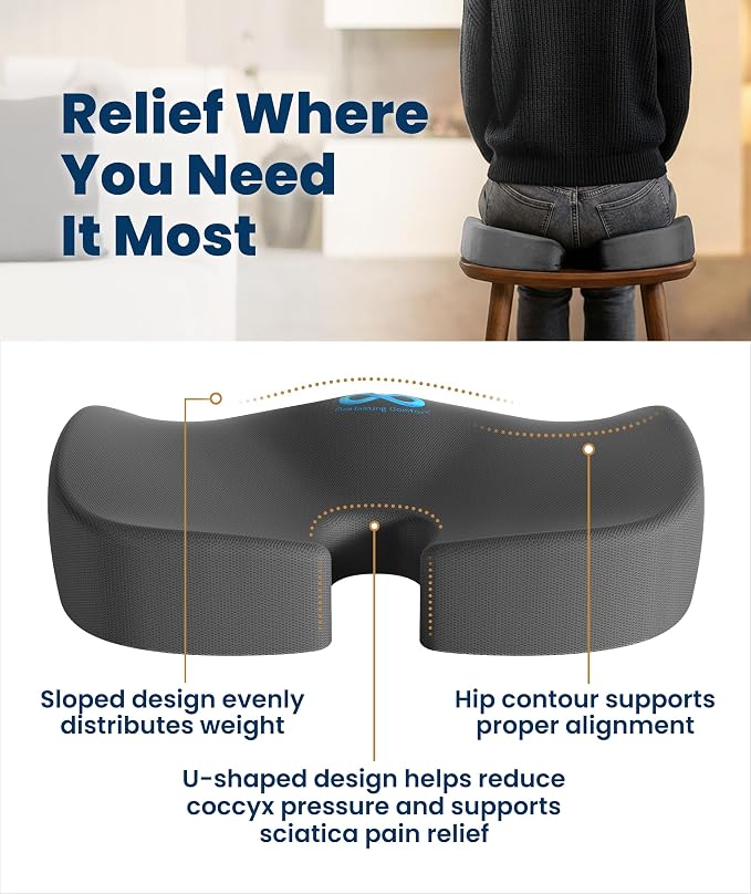 Doctor Recommended Memory Foam Seat Cushion for Office Chairs & Car - Ergonomic Office Desk Accessories - Cushions for Tailbone Pain Relief, Sciatica (Gray, Large)