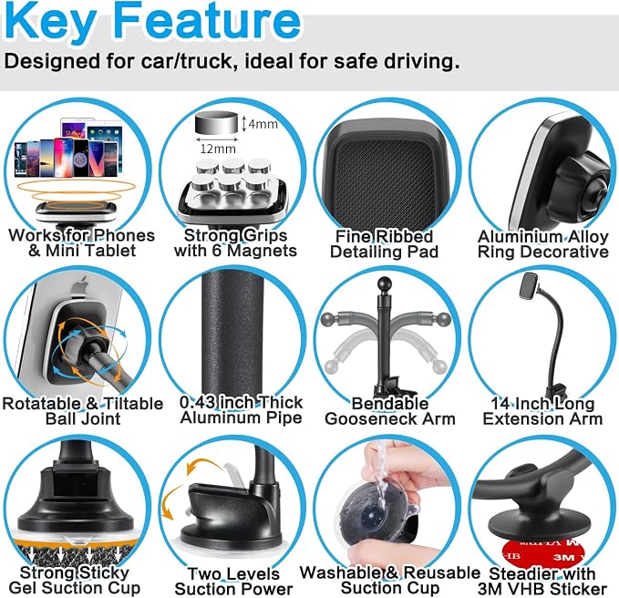 Magnetic Phone Car Mount 14-Inch Gooseneck Long Arm Extension, Universal Windshield Dashboard Industrial-Strength Suction Cup Car Phone Holder for All Cell Phones (Magnetic Phone Mount)