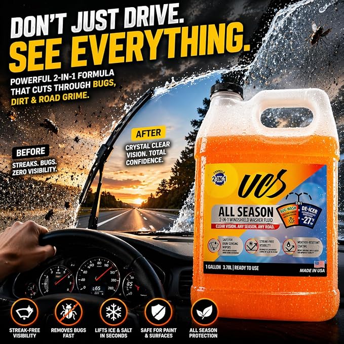 Advanced All-Season Windshield Washer Fluid -27°F, Water Repellent Technology, Powerful Bug Remover, Streak-Free Cleaning, Ready-to-Use RTU, 1 Gallon