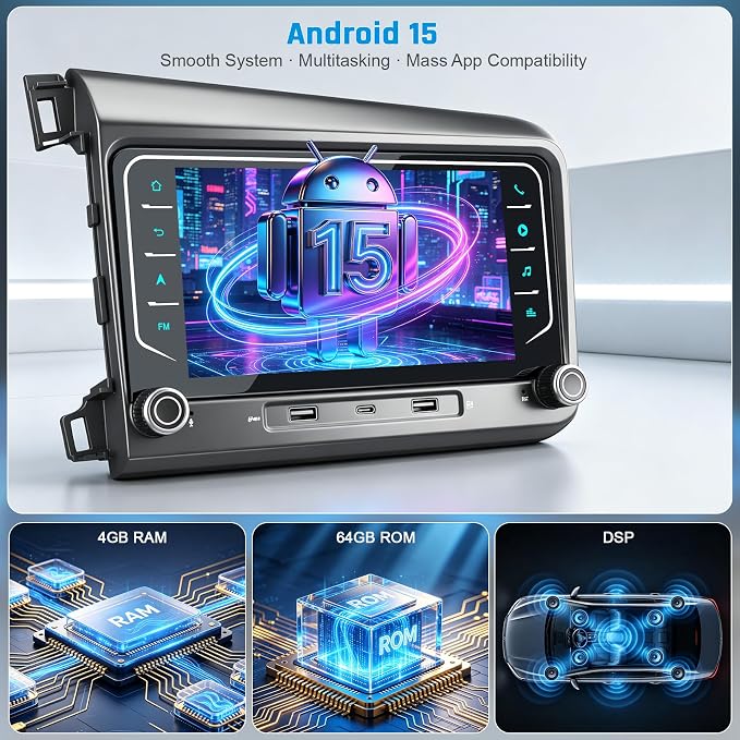 5G WiFi Upgrade Android 15 Car Radio for Honda Civic 2012 2013 2014 2015, 7 Inch IPS Touch Screen with Wireless CarPlay Android Auto, GPS/Bluetooth/FM/SWC/Type C/1080P Backup Camera, 4+64G
