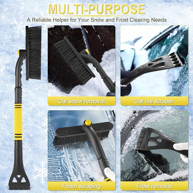 32" Extendable Ice Scraper & Snow Brush for Car Windshield, 360° Rotating Snow Removal Tool for Cars, Trucks & SUVs, Automotive Winter Essentials & Car Accessories for Men, Yellow