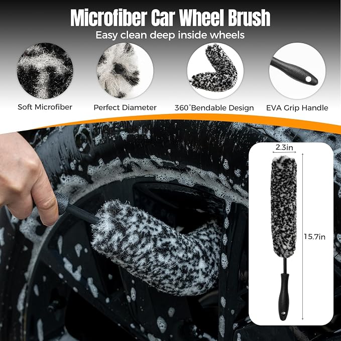9Pcs Car Wheel Brush kit, Tire Brush, Microfiber Flat Wheel Cleaner Brush | Soft-bristled Rim Cleaner Brush, Tire Shine Applicator, Detailing Brushes, Detailing Pads, Scratch-Free Car Drying Towel
