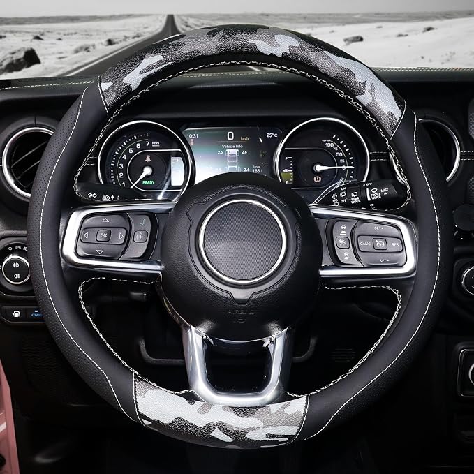 Army Camo Steering Wheel Cover, Universal 15 inch, Breathable PU Leather, Comfort Grip, Durable Steering Wheel Accessories for Car Truck SUV, Anti Slip, Black