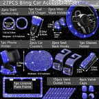 27 PCs Blue Bling Car Accessories Set for Women, Steering Wheel Covers Universal Fit 15 Inch, Bling License Plate Frame, Bling Phone Holder, Bling Car Coasters (Blue Diamond)