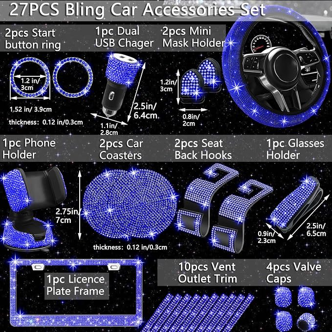 27 PCs Blue Bling Car Accessories Set for Women, Steering Wheel Covers Universal Fit 15 Inch, Bling License Plate Frame, Bling Phone Holder, Bling Car Coasters (Blue Diamond)
