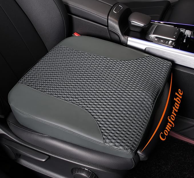 Car Seat Cushion – Memory Foam Pad for Driving Comfort – Boosts Height and Relieves Coccyx & Lower Back Pain – Car, Truck, Office Chair (Leather & 4D Mesh Gray)