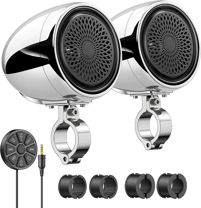 600W Motorcycle Speakers Bluetooth, 4'' Waterproof Stereo with Built-in Class-D Amplifier, Heavy Bass, USB, Wired Remote, 0.75-1.25" Universal Mount for Harley ATV UTV Golf Cart Marine - Silver