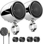 600W Motorcycle Speakers Bluetooth, 4'' Waterproof Stereo with Built-in Class-D Amplifier, Heavy Bass, USB, Wired Remote, 0.75-1.25" Universal Mount for Harley ATV UTV Golf Cart Marine - Silver