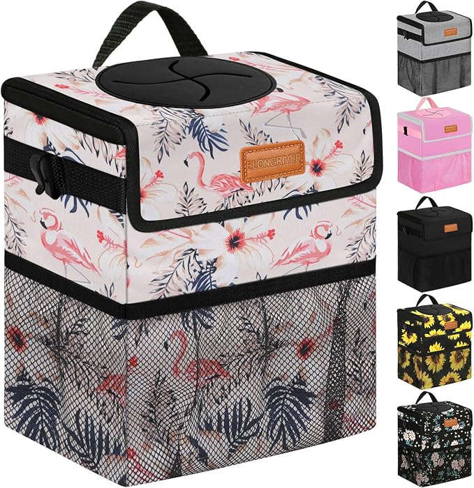 Car Trash Can Bin for Back Seat Leak Proof, Cute Car Trash Bag Hanging, Vehicle Trash Can for SUV Truck Van, Automotive Garbage Cans Front Seat Flamingos, 2 Gallons