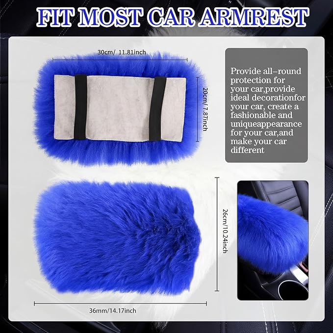 Furry Armrest Cover Auto Center Console Cover Car Soft Console Pad, Real Sheepskin Wool Soft Fluffy Auto Center Armrest Pad for Most Car Decoration Protector(Blue)