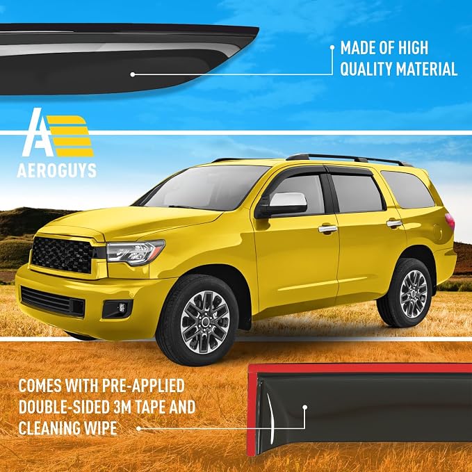 Extra Durable Window Deflectors Tape-On Window Visors Rain Guards Fit for Toyota Sequoia 2008-2022, Sun Visors, Wind Vent for Shades, Exterior Car Accessories - 4pcs. AG0693