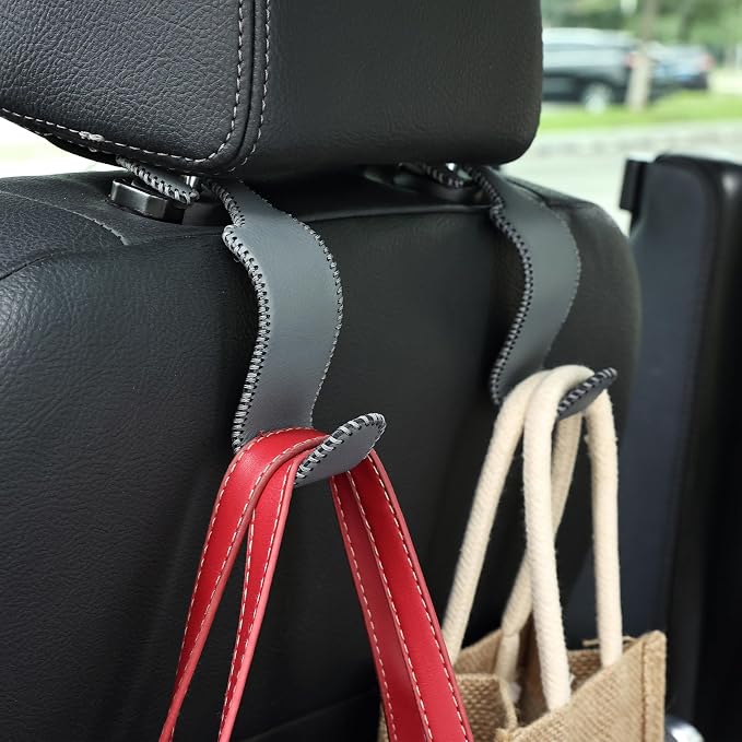 Car Seat Headrest Hook Universal Vehicle Storage Hanger Leather with Metal Car Seat Back Organizer for Handbag Purse Coat Grey 4 Pack