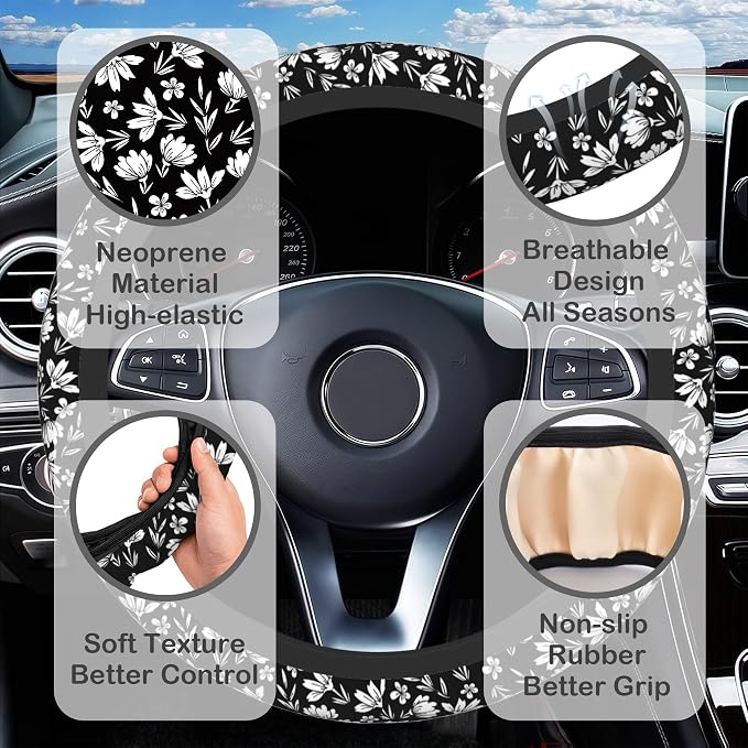 Black and White Flowers Steering Wheel Cover for Women, Anti-Slip Car Steering Wheel Cover with 2 Pcs Cup Holders Neoprene Breathable Car Accessories Universal 15 Inch Auto Interior Decor