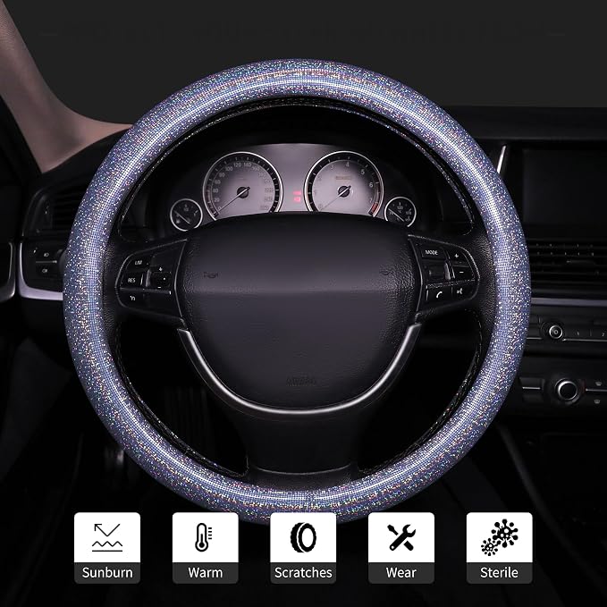 Bling Steering Wheel Cover, Bling Crystal Rhinestone Car Steering Cover Universal 14.2-15.3 inch Glitter Car Wheel Cover Sparkling Accessories （Blue）