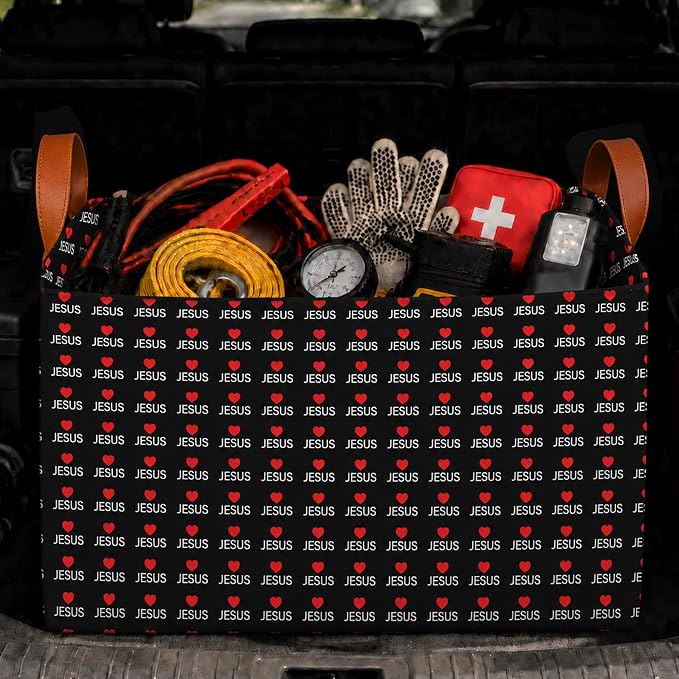 Jesus Car Trunk Organizer,20L Collapsible Auto Storage Basket with Handles, Waterproof Reusable Shopping Grocery Bags for SUV,Truck, Vintage Jesus Cars Boot Organizer Gifts for Women Men Drivers