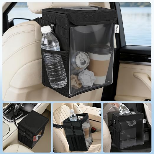 Car Trash Can with See Through Window, Clear Black Multipurpose Car Organizer Storage with Removable Liner, Leakproof Car Garbage Container for Vehicles, SUV, Truck (2.1Gallon/8L)