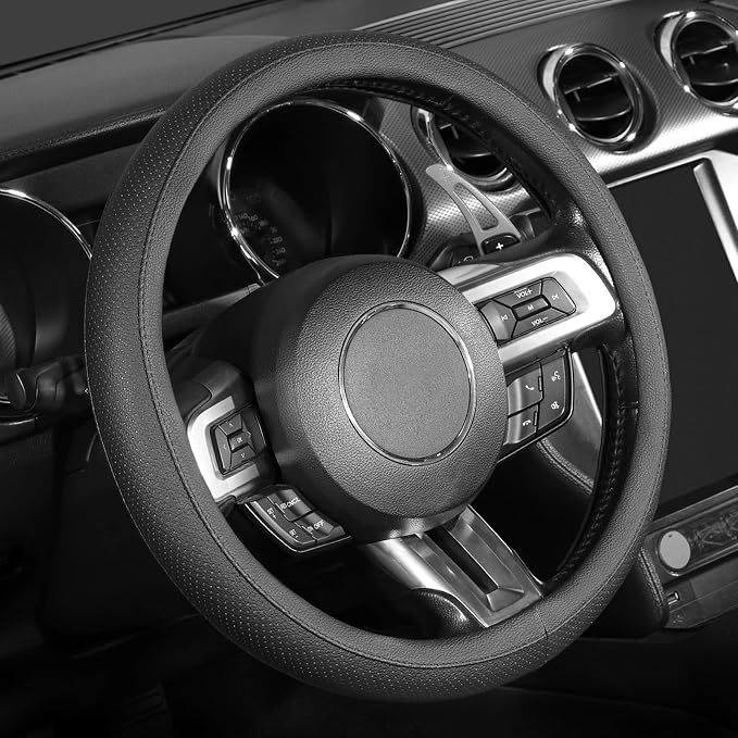 Black Car Steering Wheel Cover Medium Size 14.5-15 inch (37-39 cm), Breathable Microfiber Leather