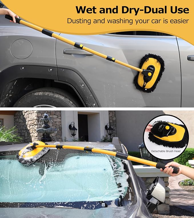 56.7" Car Wash Brush Mop Kit Mitt Sponge with Long Handle Car Cleaning Supplies Kit Tools Car Washing Duster Exterior Scratch Free, Chenille Replacement Head Extension Pole