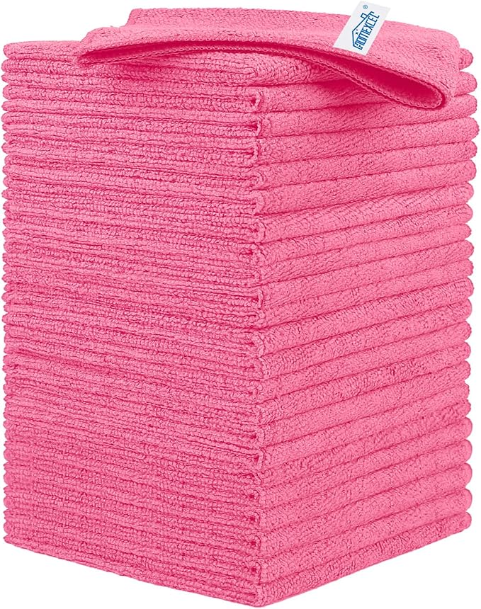 Pink Microfiber Cleaning Cloth, 24 Pack Cleaning Towels for Kitchen, Lint Free, Scratch-Free, Highly Absorbent, and Reusable Cleaning Rags for House, Window and Glass, Cars, 11.5 X11.5 inch